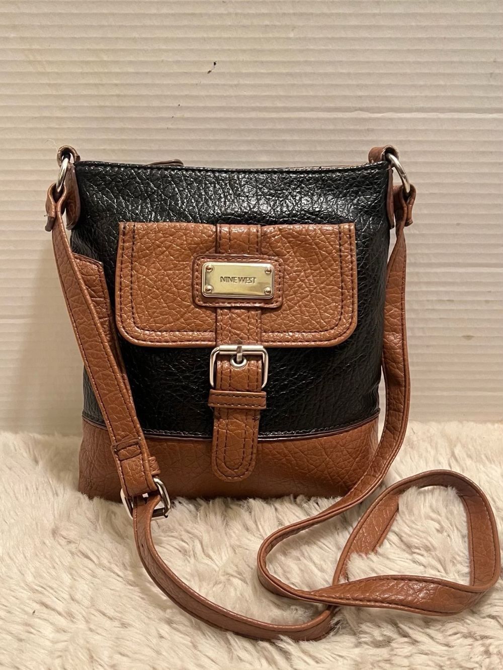 Vintage Nine West Black and Brown Pebbled Crossbody with Front Buckle